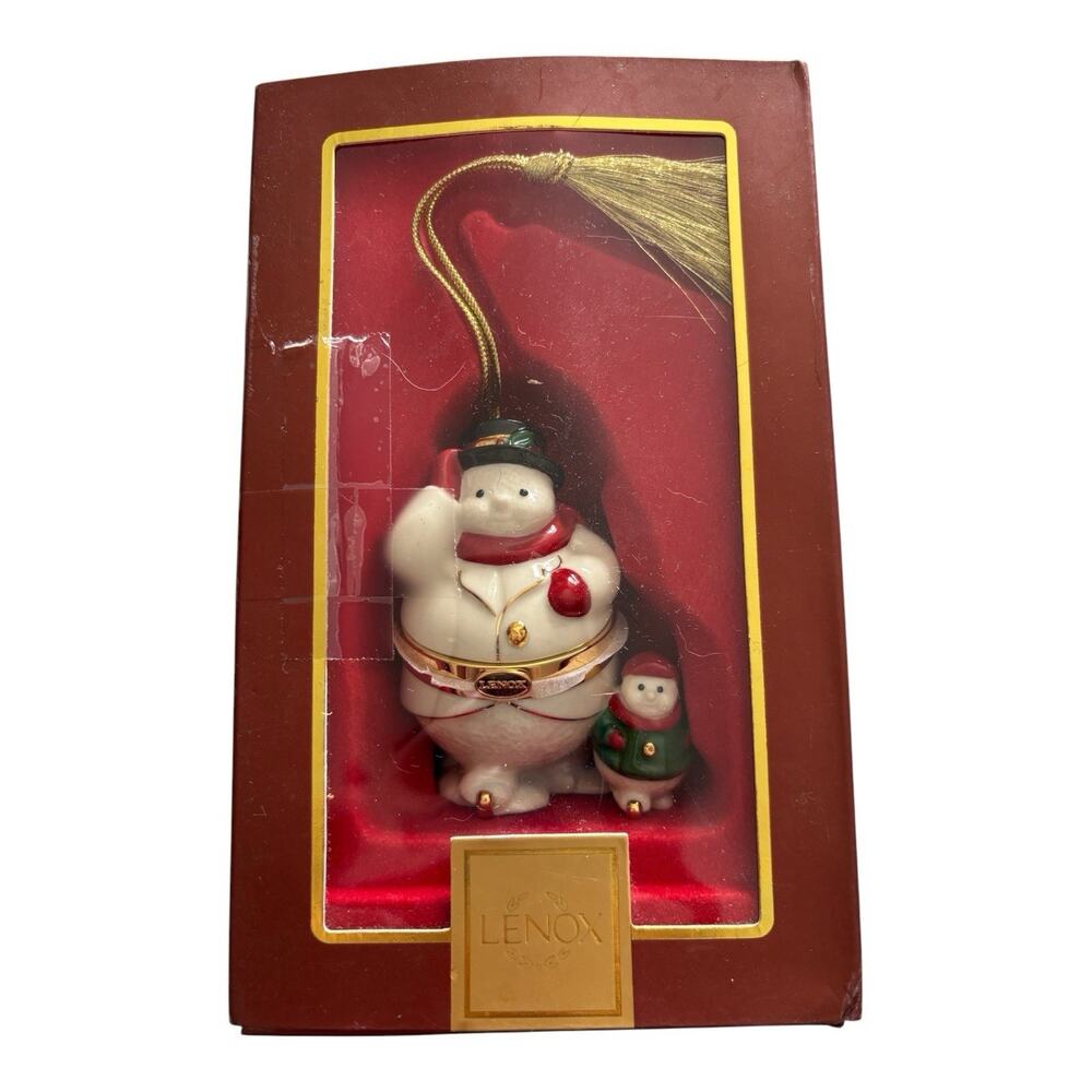 Lenox Porcelain Snowman & Snowchild Hinged Trinket Ornament Christmas Trim 24k
